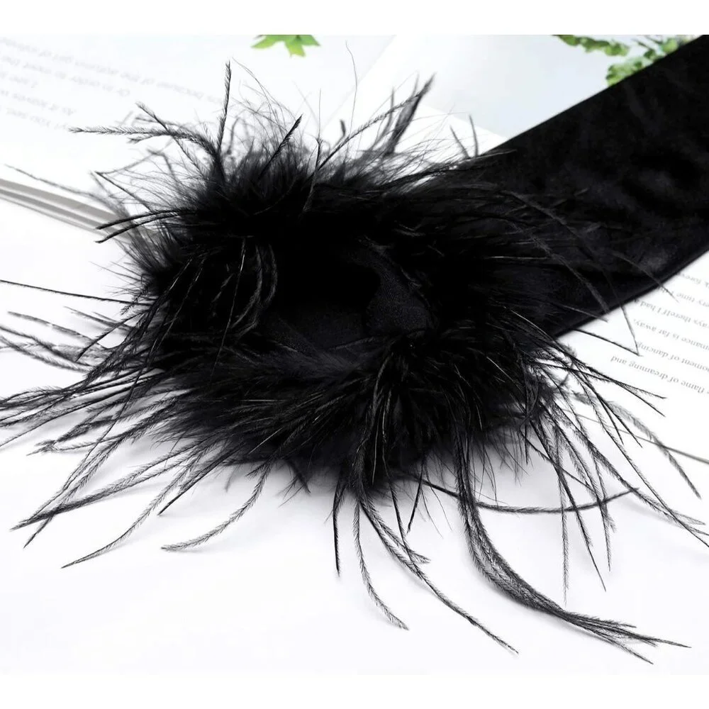 Women's Evening Black Feather Long Satin Gloves Stretchy Elbow Halloween Costume